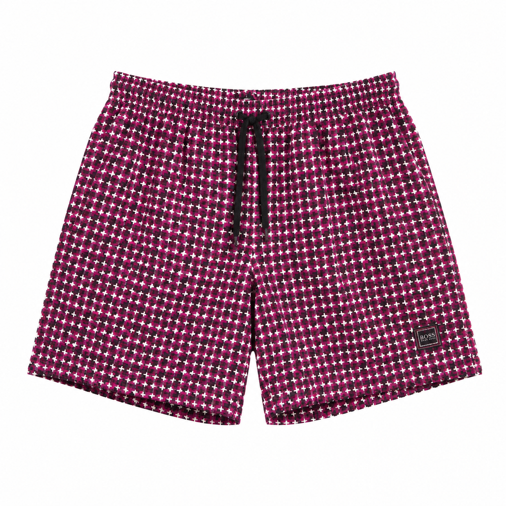 Burgundy Geometric Pattern Swim Shorts