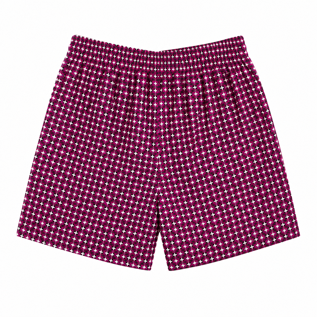 Burgundy Geometric Pattern Swim Shorts
